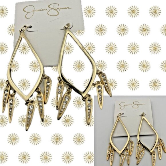 Jessica Simpson Large Gold-Tone Open Teardrop Crystal Dangle Charm Drop Earrings - Picture 1 of 3